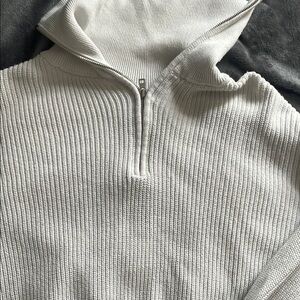 Ribbed White Zip-Up Sweater